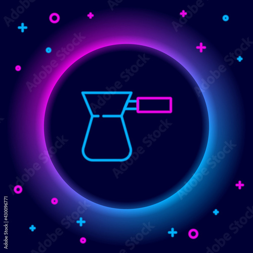 Glowing neon line Coffee turk icon isolated on black background. Colorful outline concept. Vector