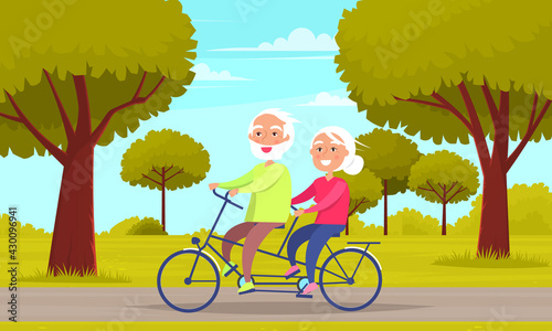 Family walking in city park and riding pair bike together. Elderly people on funny walk outdoors. Characters ride tandem around city. Joint pastime in open area against background of green trees