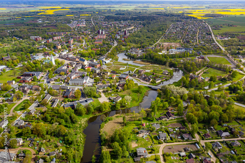 view from above of the Dobele city, Industrial and residential buildings, streets and parks, Latvia © ako-photography