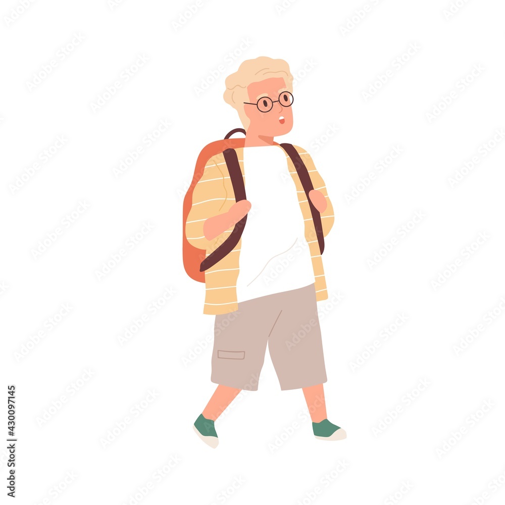 Surprised and shocked boy walking and staring at smth with open mouth. Amazed child with funny face expression. Kid's reaction to smth amazing. Colored flat vector illustration isolated on white