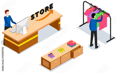 Clothing store isometric with buyer. Man chooses T-shirt in boutique. Cashpoint, cashier makes payment, work in store. Selling clothing items in supermarket, shopping, sales vector illustration