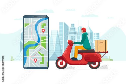 Safe contactless delivery service app concept. Boy courier in motorbike helmet on red scooter moped delivering package box. Online ordering mobile application on cityscape and location pin eps