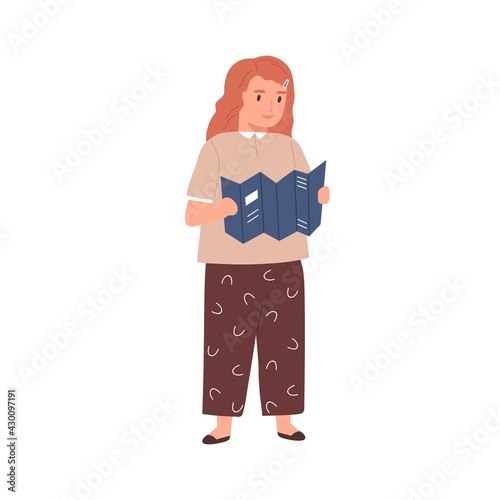 Child holding promotion booklet or brochure in hands. Little kid with city map or guide, searching route. Girl with theatre program. Colored flat vector illustration isolated on white background