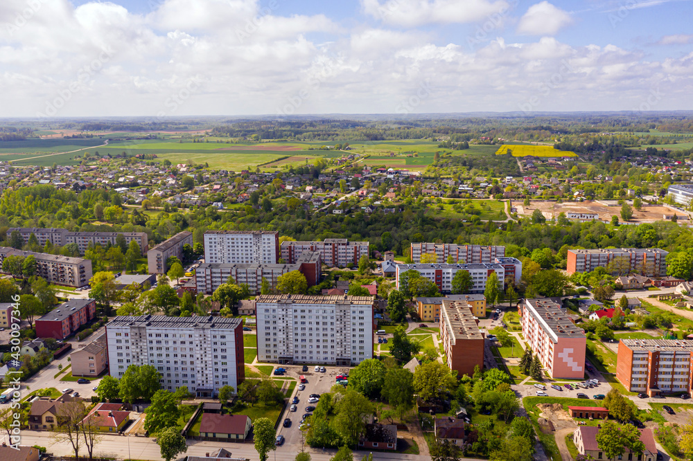 view from above of the Dobele city, Industrial and residential buildings, streets and parks, Latvia