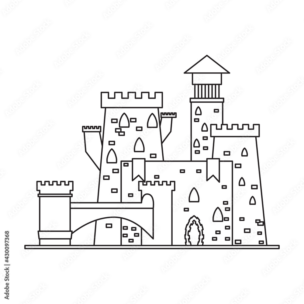 Castle tower vector outline icon. Vector illustration castle tower on white background. Isolated outline illustration icon of kingdom house.