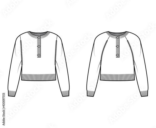 Set of Polo cropped Sweaters technical fashion illustration with rib henley neck, classic collar, long raglan sleeves, knit trim. Flat apparel front, white color style. Women, men CAD mockup