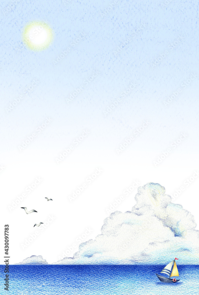 海と入道雲とヨットの青空の背景　縦　手描き色鉛筆画