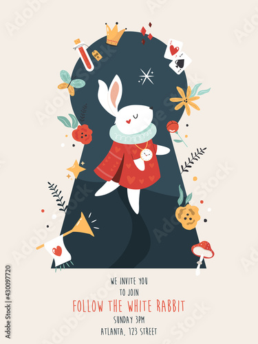 Party invitation with white rabbit and other symbols of Alice in Wonderland