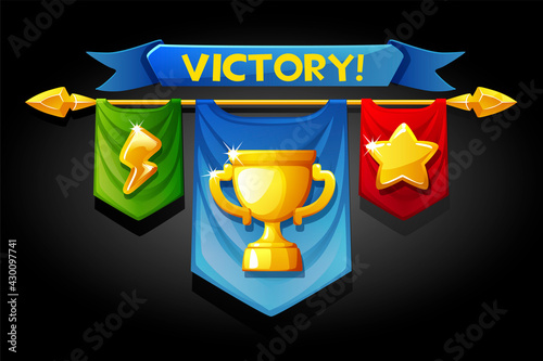 Victory banners, flags with golden cup icons for game assets.