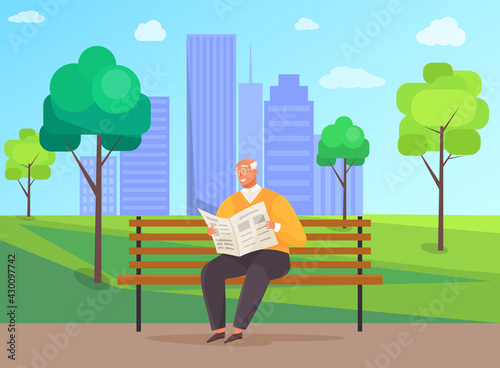 Old man with glasses sitting and reading newspaper on bench in park. Retiree elderly male character spends time in nursing home. Grandfather resting, reading news enjoying good day in city garden
