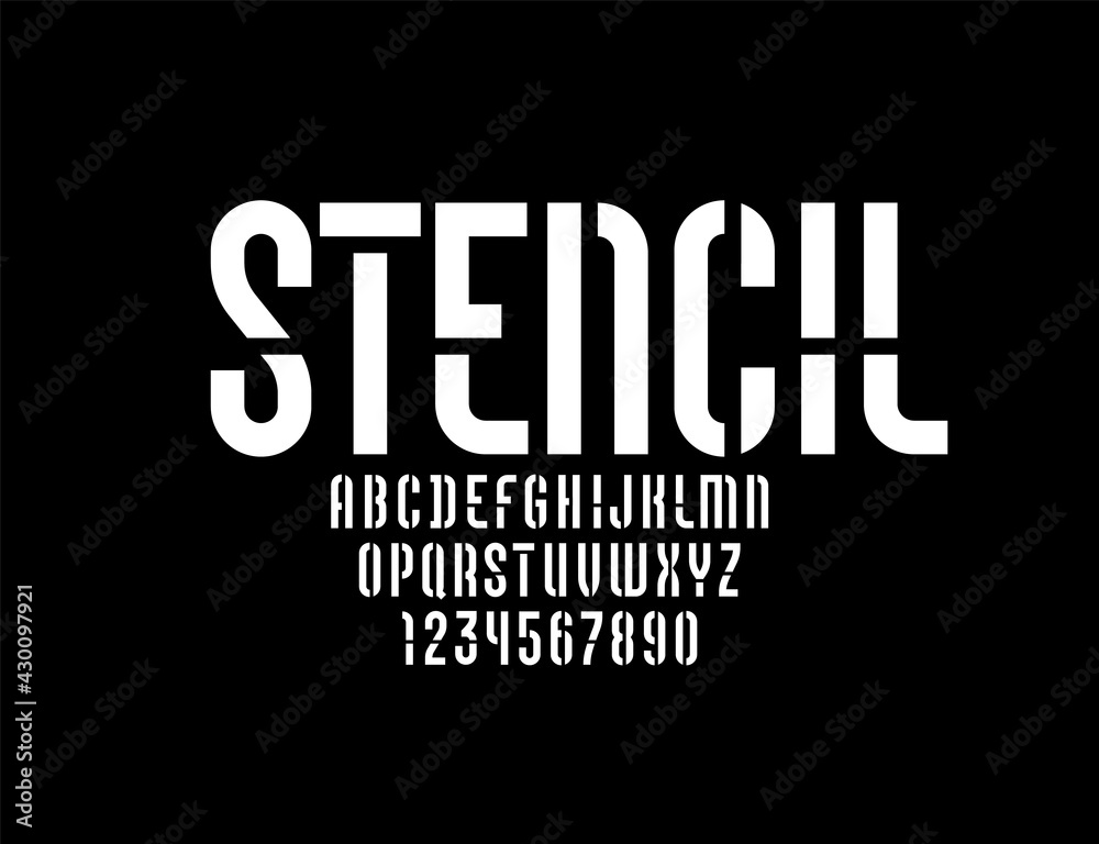 Futuristic font, stencil alphabet, modern geometric modular letters and numbers, vector illustration 10EPS