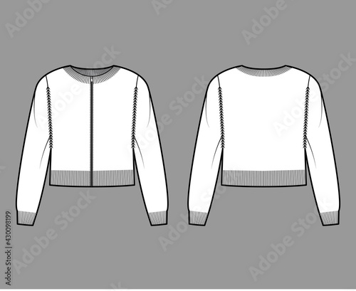 Zip-up cardigan cropped Sweater technical fashion illustration with rib crew neck, long sleeves, knit trim, oversized. Flat jumper apparel front, back, white color style. Women men unisex CAD mockup