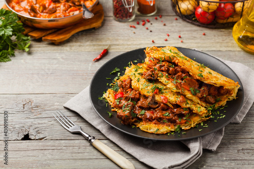 Hungarian potato pancake with goulash