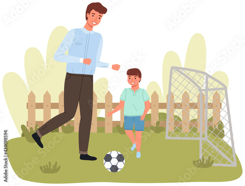 Father with son play football on field. Male characters running after ball during game. Man strikes at goal to win. Footballers are engaged in sports, outdoor activities. Family is resting actively