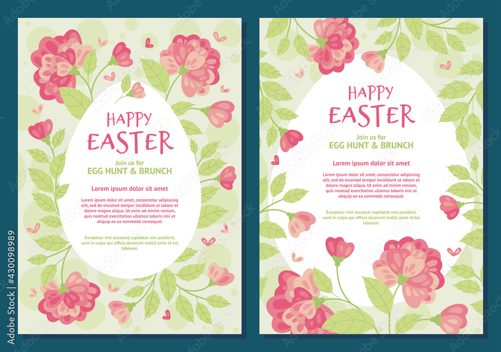 Flowers Peonies in hand drawn style - set of Easter invitation, frame, poster, banner, template. 