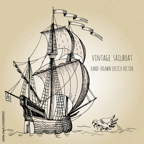 Old caravel, vintage sailboat. Hand drawn sketch.