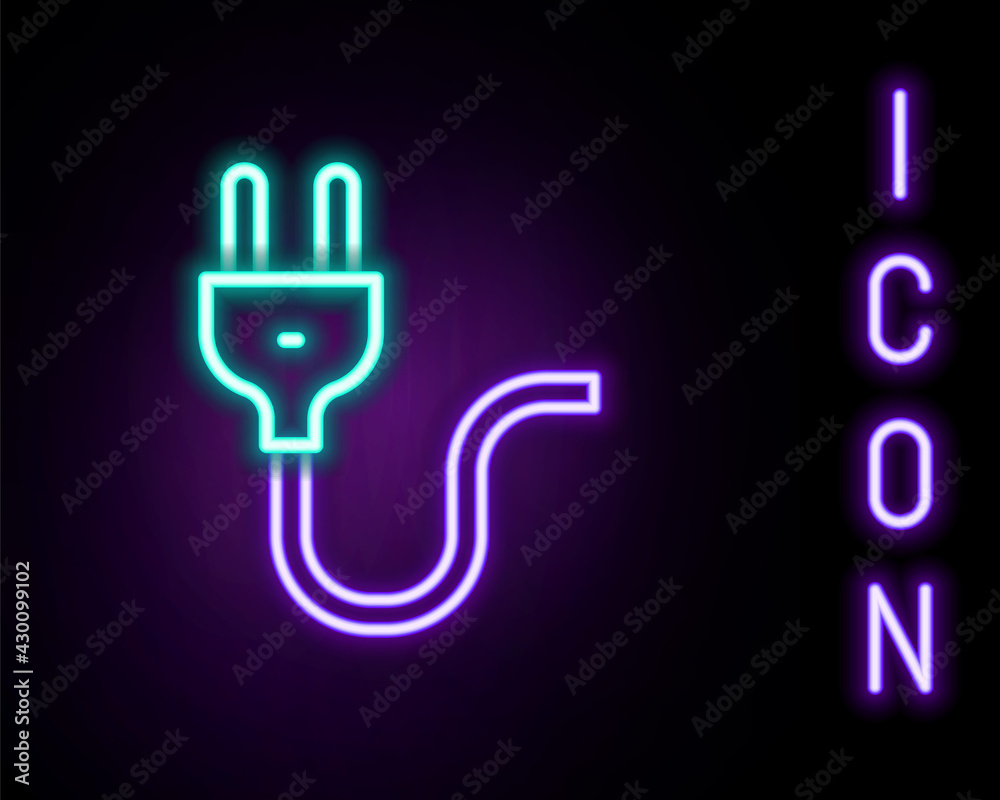 Glowing neon line Electric plug icon isolated on black background. Concept of connection and disconnection of the electricity. Colorful outline concept. Vector Glowing neon line Electric plug icon isolated on black background. Concept of connection and disconnection of the electricity. Colorful outline concept. Vector