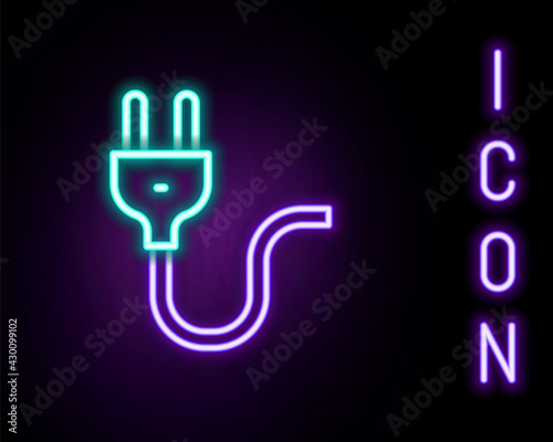 Glowing neon line Electric plug icon isolated on black background. Concept of connection and disconnection of the electricity. Colorful outline concept. Vector
