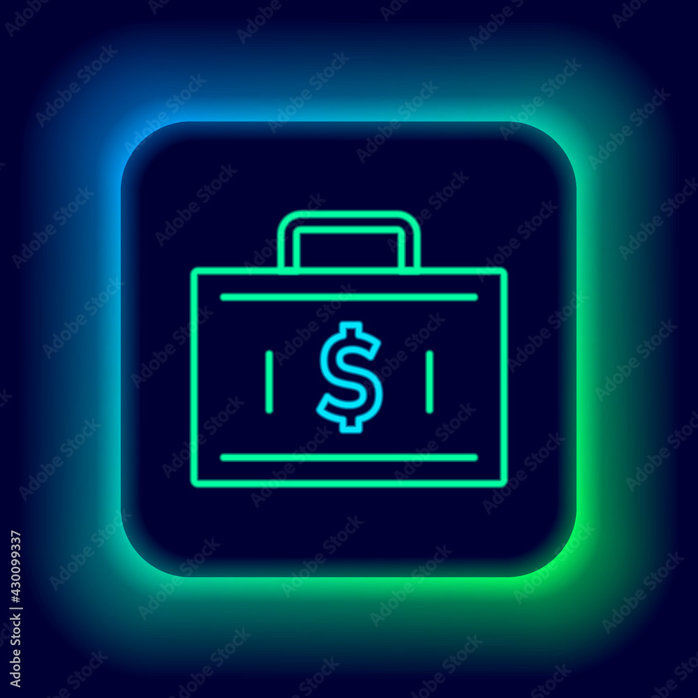 Glowing neon line Briefcase and money icon isolated on black background. Business case sign. Business portfolio. Financial management. Colorful outline concept. Vector Glowing neon line Briefcase and money icon isolated on black background. Business case sign. Business portfolio. Financial management. Colorful outline concept. Vector