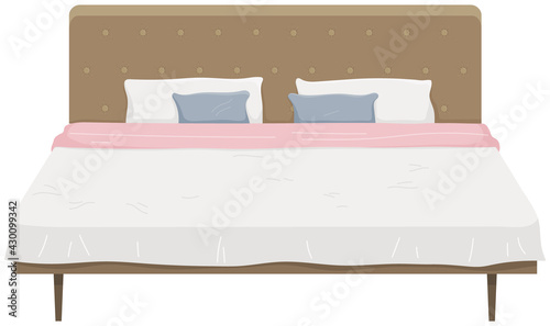 Double wooden bed in flat design for bedroom, hotel room. Cartoon furniture icon isolated on white background. Animated house equipment. Bedroom interior element. Bed with sheet, pillows and blanket