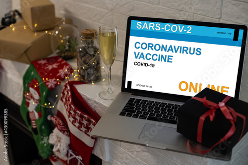 online health appointment, booking or reserve coronavirus or covid-19 vaccine in concept social distance healthcare in quanrantine people at home using laptop computer. photo