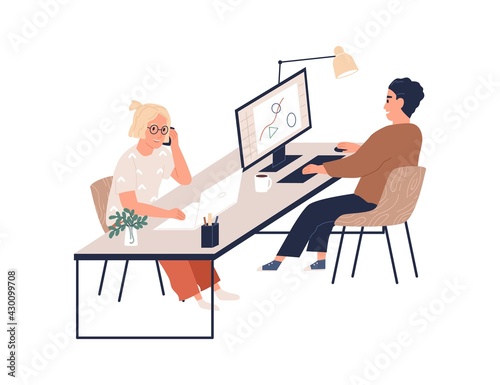 Young happy people working with computers and laptops in modern office. Posit...