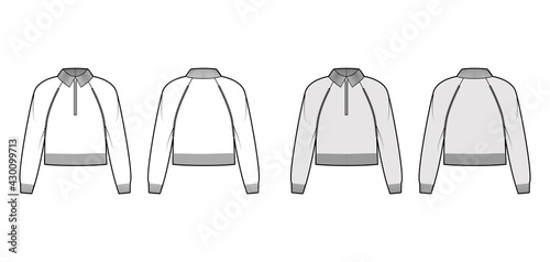 Zip-up cropped Sweater technical fashion illustration with rib henley neck, classic collar, long raglan sleeves, knit trim. Flat apparel front, back, white grey color style. Women, unisex CAD mockup