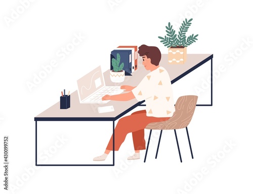 Young happy man working with laptop at desk. Office worker sitting on chair at table. Scene with employee at modern workplace with plants. Colored flat vector illustration isolated on white background