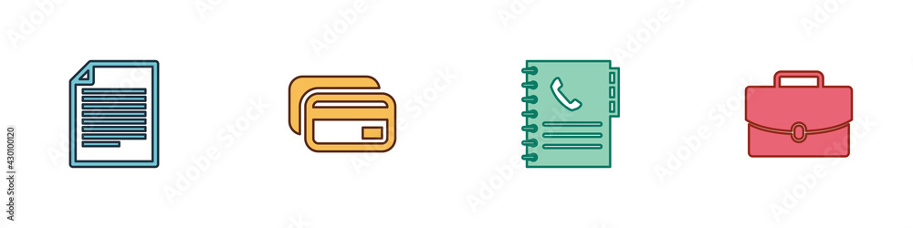 Set Document, Credit card, Phone book and Briefcase icon. Vector