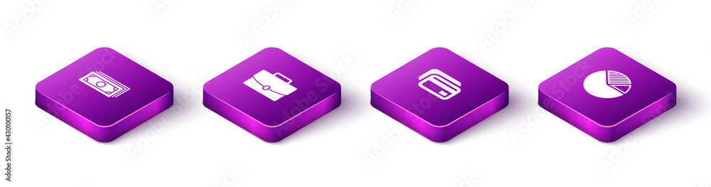 Set Isometric Stacks paper money cash, Briefcase, Credit card and Pie chart infographic icon. Vector Set Isometric Stacks paper money cash, Briefcase, Credit card and Pie chart infographic icon. Vector
