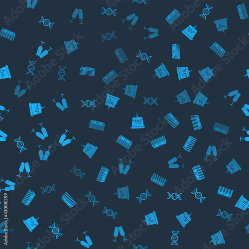 Set DNA symbol, Stacks paper money cash, Pudding custard and Glasses of champagne on seamless pattern. Vector