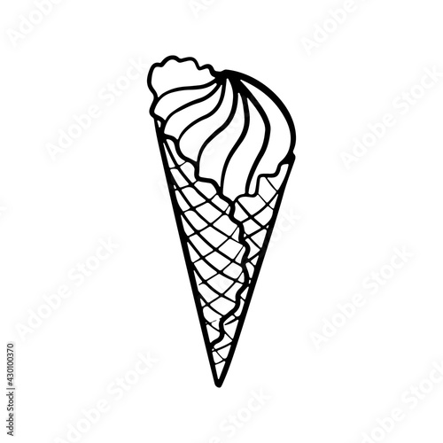 Hand drawn doodle ice cream gelato in crispy waffle cone. Sketch vector illustration for cafe menu, card decoration.