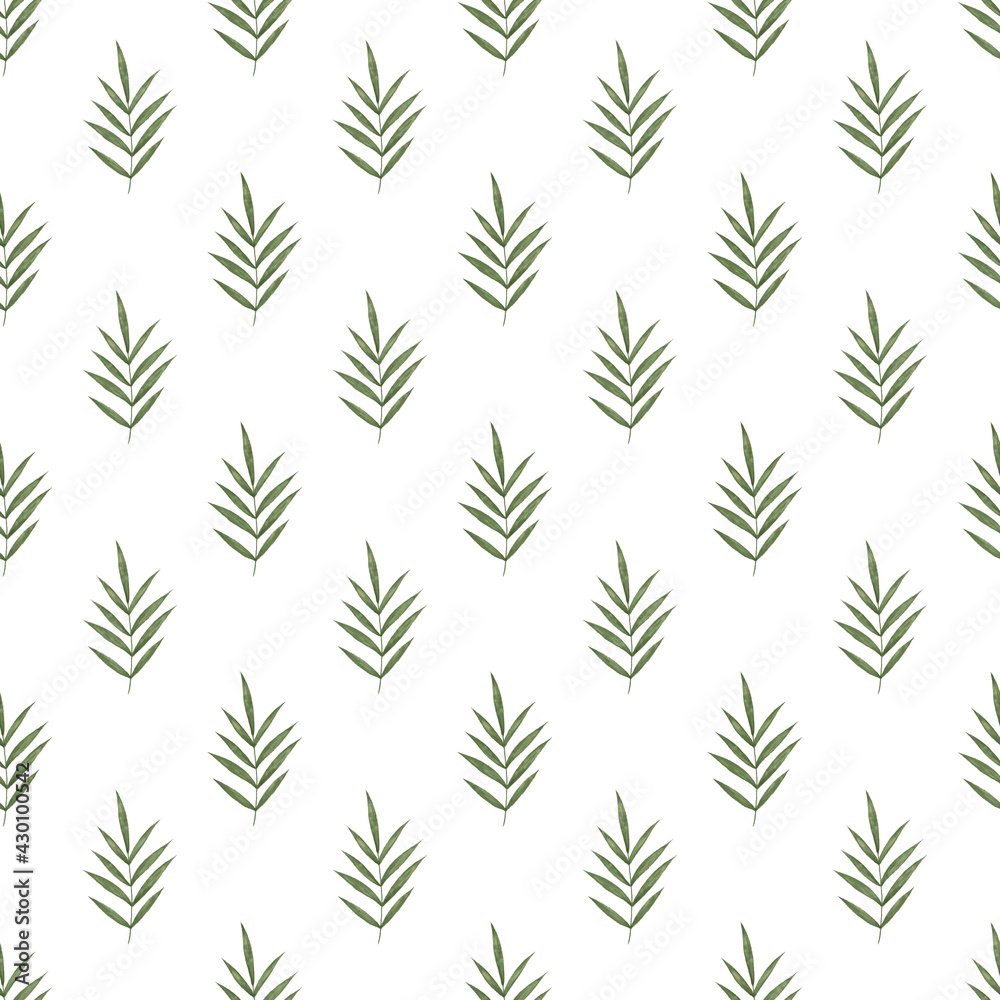Green palm leaves seamless pattern. Repeat foliage wallpaper. Botanical illustration.