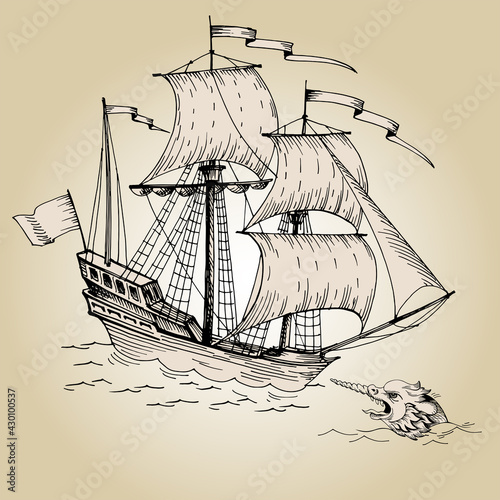 Old caravel, vintage sailboat. Hand drawn sketch.