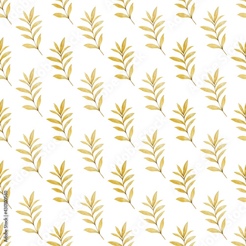 Fototapeta Naklejka Na Ścianę i Meble -  Yellow leaves seamless pattern, Repeat foliage wallpaper. Botanical illustration.