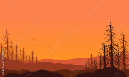 Aesthetic natural scenery at dusk from the edge of the city. Vector illustration