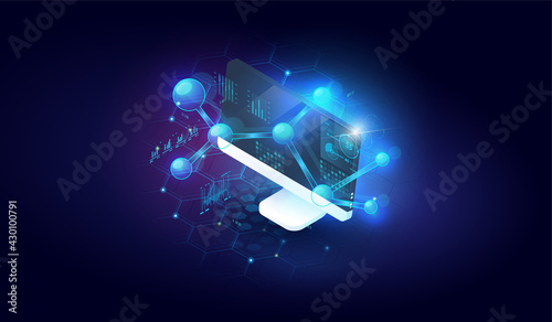Concept of data research, technology, data analysis and science. Digital marketing, seo, digital analysis, profit concept. Vector Isometric Illustration.