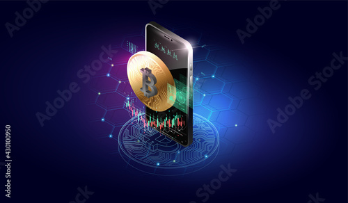 cryptocurrency exchange concept. Blockchain, Bitcoin mining Illustration. Trade exchange app on phone screen.