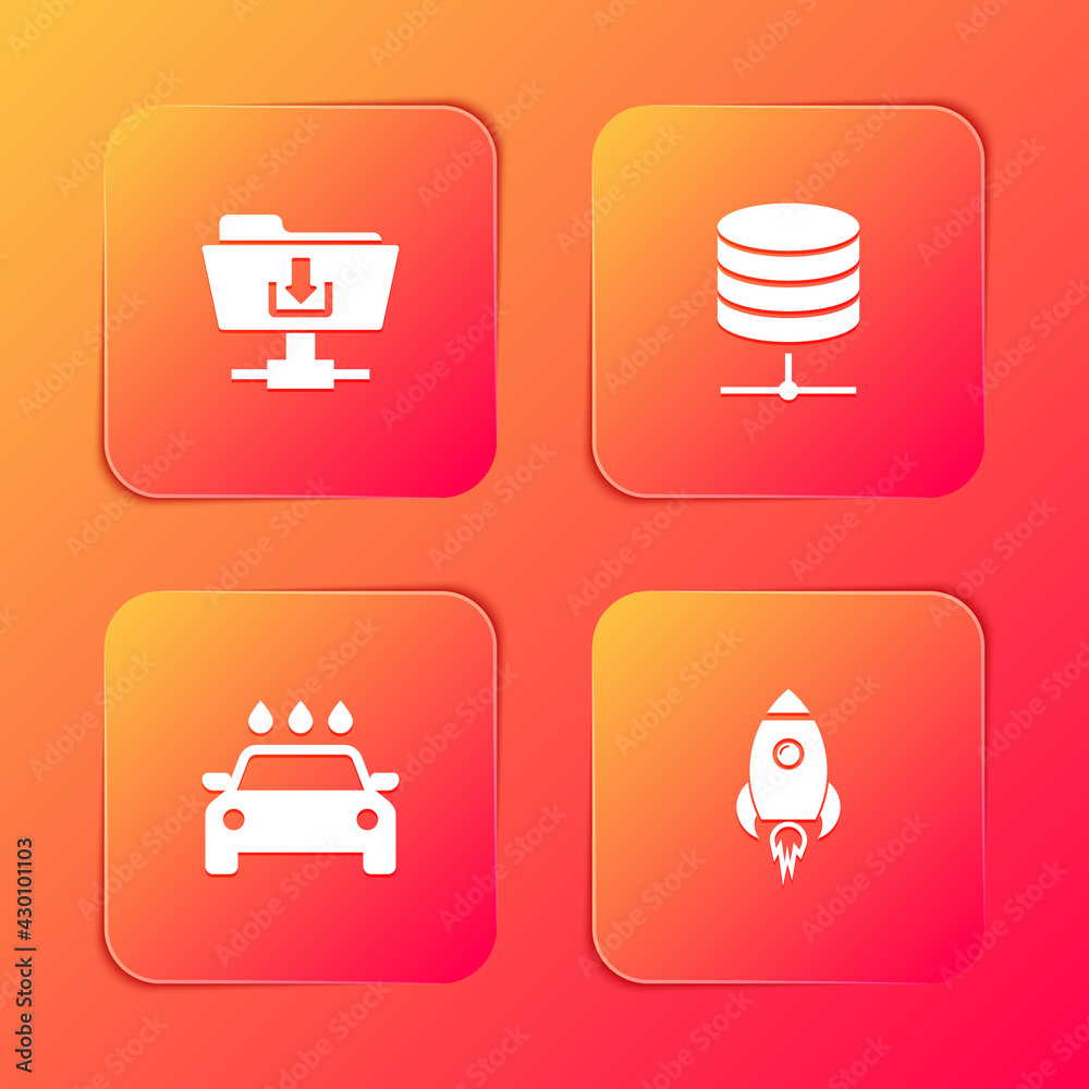 Set FTP folder download, Server, Data, Web Hosting, Car wash and Rocket ship with fire icon. Vector Set FTP folder download, Server, Data, Web Hosting, Car wash and Rocket ship with fire icon. Vector