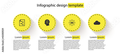 Set Share file, Head with low battery, Car sharing and Music streaming service. Business infographic template. Vector