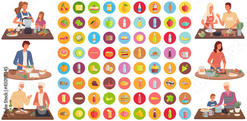 Set of illustrations about people cooking vegetarian meals. Proper nutrition, healthy lifestyle and vegetarianism concept. Process of cooking meal. Natural organic food ingredients icons isolated