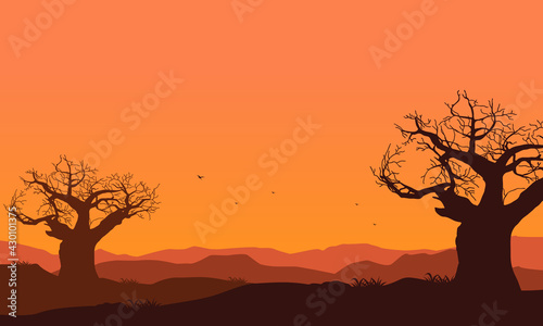 Incredible Mountain views at dusk with silhouettes of dry trees around it. Vector illustration