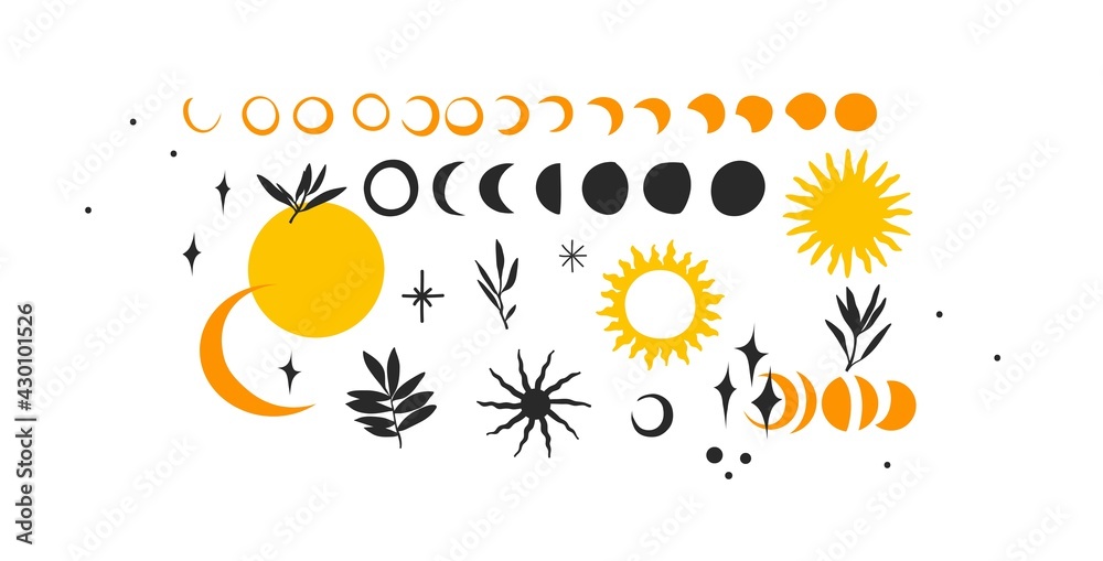 Hand drawn vector abstract stock flat graphic illustrations icons collection set with logo elements,magic sacred boho moon phases,stars,sun silhouettes in simple style isolated on white background