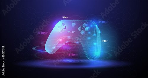 Vector illustration with hud elements. Wireless controller gamepad for play games. Neon glowing gamepad. Cloud Gaming concept.