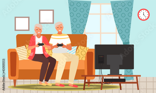 Old people play video game. Modern senior people gadgets. Oldster education computer. Old progressive use modern technology. Learning to use PC. Elderly couple gadgets. Aging parents video conference