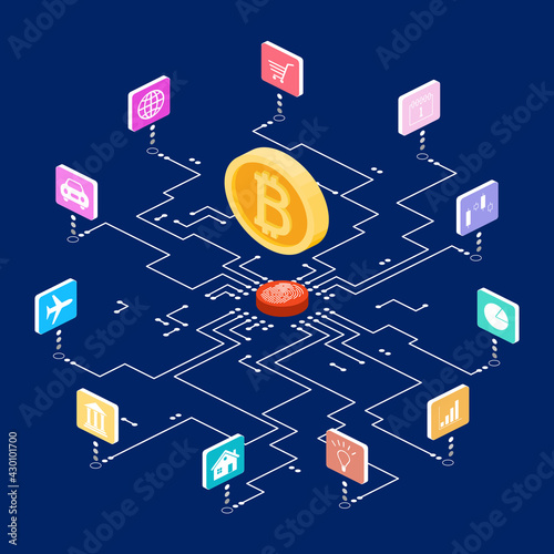 Isometric vector illustration, Digital Bitcoin connected to business and lifestyle icons through the circuit lines.