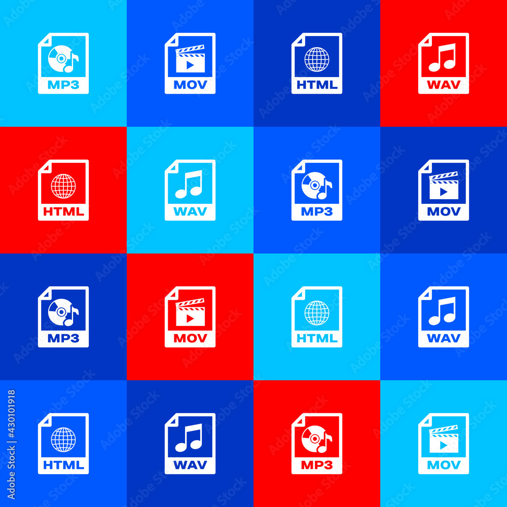 Set MP3 file document, MOV, HTML and WAV icon. Vector Set MP3 file document, MOV, HTML and WAV icon. Vector