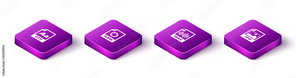 Set Isometric OTF file document, RAW, WAV and JPG icon. Vector Set Isometric OTF file document, RAW, WAV and JPG icon. Vector