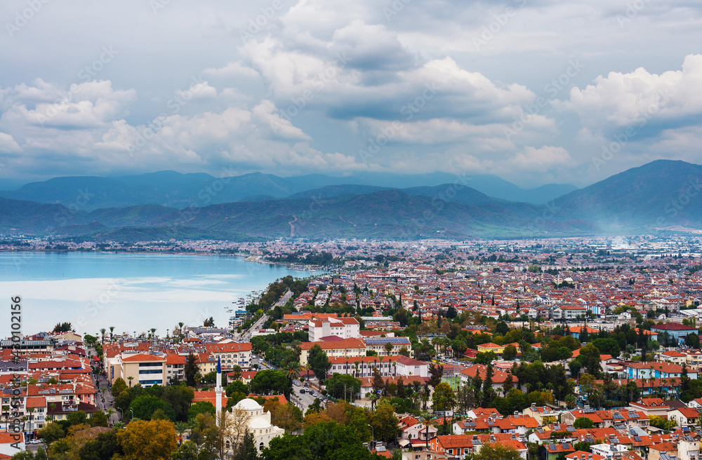 Panoramic view of Fethiye city and the sea bay.