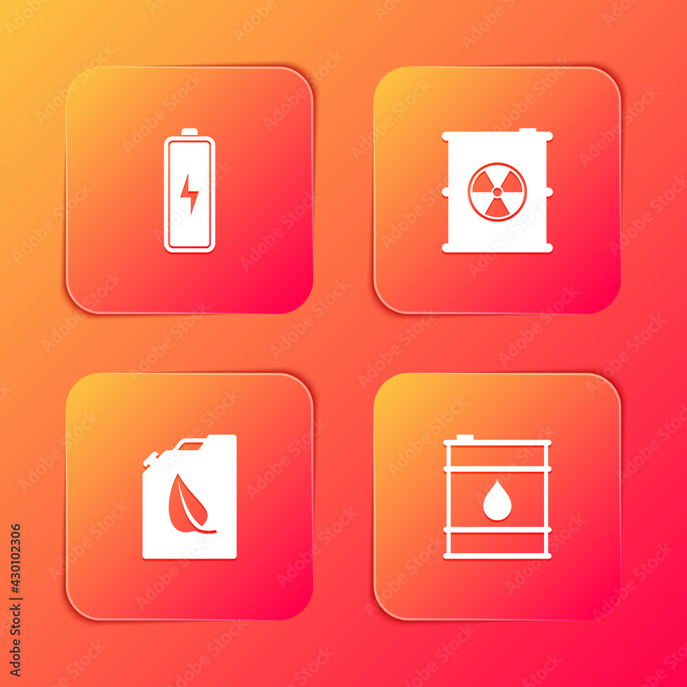 Set Battery, Radioactive waste in barrel, Bio fuel canister and Oil icon. Vector Set Battery, Radioactive waste in barrel, Bio fuel canister and Oil icon. Vector